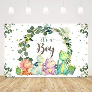 5x3ft it’s a boy backdrop baby shower cartoon dinosaur cactus and eucalyptus leaves photography background kids party supplies cake table decor banner photobooth props gift favors, green (elh0c430uu)