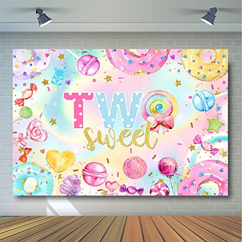 Avezano Two Sweet Donut Birthday Backdrop Sweet Candy Second Birthday Party Photography Background Blue Pink Gold Girl Happy 2nd Birthday Donut Theme Party Decoration Photoshoot Backdrops (7x5ft)