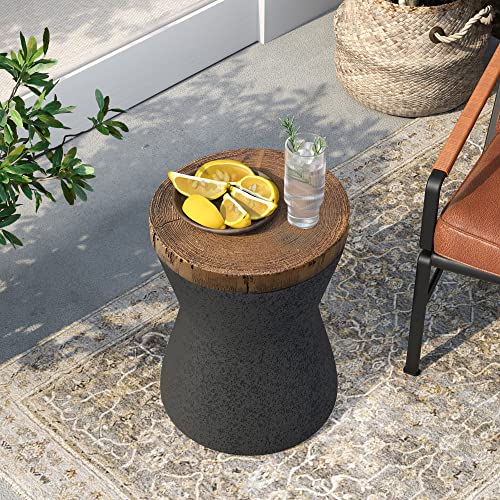 SUNBURY Outdoor Accent Table, 11" Hourglass Shaped Outdoor Side Table for Patio, Concrete Garden Stool End Table, Morden Outdoor Concrete Side Table Wooden-Look Top for Bedroom, Garden, Backyard