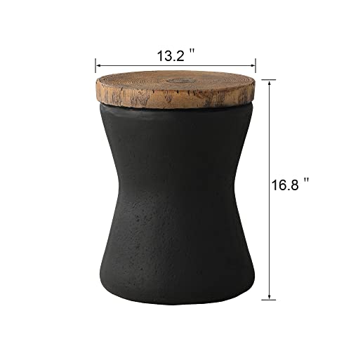 SUNBURY Outdoor Accent Table, 11" Hourglass Shaped Outdoor Side Table for Patio, Concrete Garden Stool End Table, Morden Outdoor Concrete Side Table Wooden-Look Top for Bedroom, Garden, Backyard