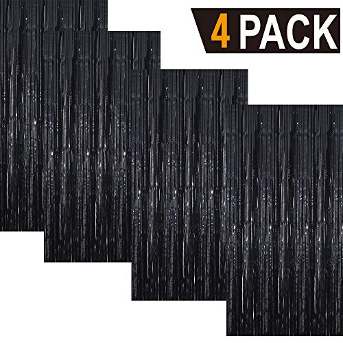 GOER 3.2 ft x 9.8 ft Metallic Tinsel Foil Fringe Curtains Party Photo Backdrop Party Streamers for Halloween,Birthday,Graduation,New Year Eve Decorations Wedding Decor (4 Packs,Black)