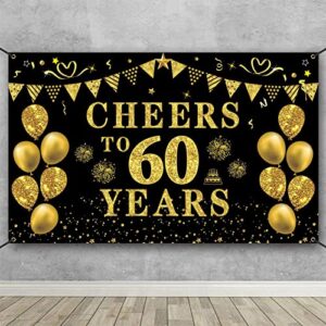 trgowaul 60th birthday/anniversary/wedding decorations for women men, cheers to 60 years banner, black and gold 60th birthday backdrop, 60 bday decorations party banner photography supplies background
