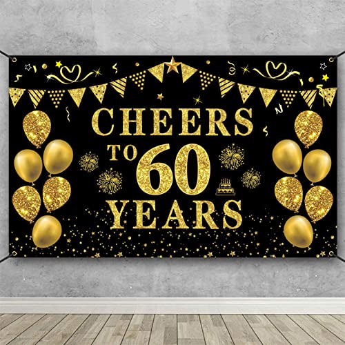 Trgowaul 60th Birthday/Anniversary/Wedding Decorations for Women Men, Cheers to 60 Years Banner, Black and Gold 60th Birthday Backdrop, 60 Bday Decorations Party Banner Photography Supplies Background