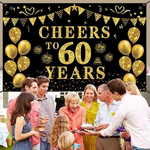 Trgowaul 60th Birthday/Anniversary/Wedding Decorations for Women Men, Cheers to 60 Years Banner, Black and Gold 60th Birthday Backdrop, 60 Bday Decorations Party Banner Photography Supplies Background