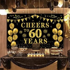 Trgowaul 60th Birthday/Anniversary/Wedding Decorations for Women Men, Cheers to 60 Years Banner, Black and Gold 60th Birthday Backdrop, 60 Bday Decorations Party Banner Photography Supplies Background