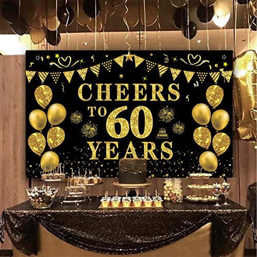 Trgowaul 60th Birthday/Anniversary/Wedding Decorations for Women Men, Cheers to 60 Years Banner, Black and Gold 60th Birthday Backdrop, 60 Bday Decorations Party Banner Photography Supplies Background