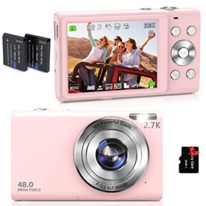 Digital Camera Auto Focus 2.7K Vlogging Camera HD 48MP 16X Digital Zoom Camera with 32G Memory Card 2 Batteries & Charger YouTube Portable Mini Compact Camera for Kids Teens Adult Beginner Pink