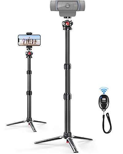 Webcam Tripod Stand, Nycetek Adjustable Sturdy Desk Tripod for Logitech Webcam C920 Brio and Other Webcam with 1/4" Thread, Aluminum Table Tripod with Phone Holder & Remote for Cell Phones, Camera