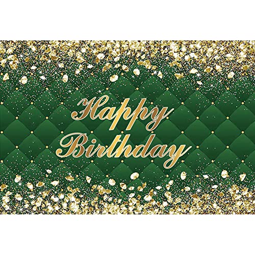 Renaiss 7x5ft Happy Birthday Backdrop Banner for Photoshoot Portrait Gold Diamonds Green Photography Background for Men Women 30th 40th 50th 60th 70th 80th Bday Party Decor Glitter Photo Booth Prop