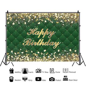 Renaiss 7x5ft Happy Birthday Backdrop Banner for Photoshoot Portrait Gold Diamonds Green Photography Background for Men Women 30th 40th 50th 60th 70th 80th Bday Party Decor Glitter Photo Booth Prop