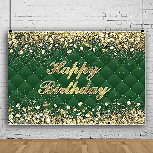 Renaiss 7x5ft Happy Birthday Backdrop Banner for Photoshoot Portrait Gold Diamonds Green Photography Background for Men Women 30th 40th 50th 60th 70th 80th Bday Party Decor Glitter Photo Booth Prop