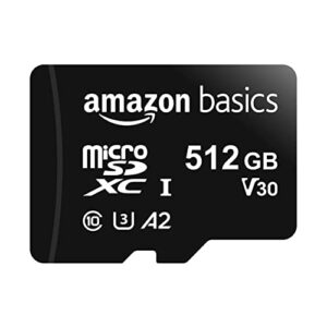 amazon basics microsdxc memory card with full size adapter, a2, u3, read speed up to 100 mb/s, 512 gb