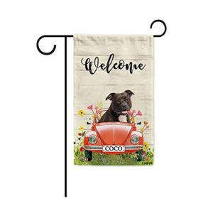 BAGEYOU Custom Name Welcome Spring Dog Garden Flag Cute Pitbull Dog Driving a Vintage Car Summer Flowers and Lawn Decor Home Banner for Outside 12.5x18 Inch Print Both Sides