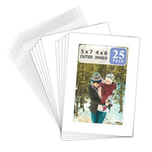 golden state art, pack of 25 white pre-cut 5×7 picture mat for 4×6 photo with white core bevel cut mattes sets. includes 25 high premier acid free bevel cut matts & 25 backing board & 25 clear bags