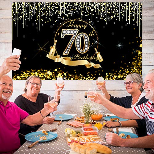 70th Birthday Party Decoration, Extra Large Black Gold Sign Poster 70th Birthday Party Supplies, 70th Birthday Banner Photo Booth Happy Birthday Backdrop Background, 72.8 x 43.3 Inch