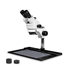 vision scientific vs-10fz-ifr07 simul-focal trinocular stereo zoom 7x-45x microscope with barlow lens, 144-led ring light, repair and maintenance platform for soldering and, cell phone repair