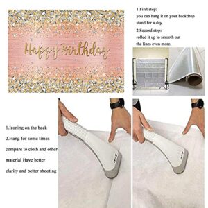 Happy Birthday Backdrop 7x5ft Diamonds Glitter Shining Pink and Gold Dot Sparkle Bokeh Photography Background for Women Girls Lady Sweet Party Decorations Photo Props