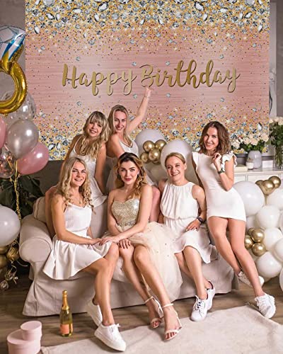 Happy Birthday Backdrop 7x5ft Diamonds Glitter Shining Pink and Gold Dot Sparkle Bokeh Photography Background for Women Girls Lady Sweet Party Decorations Photo Props