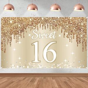 happy sweet 16th birthday banner backdrop decorations for girls, gold white sweet 16 birthday sign party supplies, sixteen year old birthday photo booth background poster decor(72.8 x 43.3 inch)