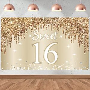 Happy Sweet 16th Birthday Banner Backdrop Decorations for Girls, Gold White Sweet 16 Birthday Sign Party Supplies, Sixteen Year Old Birthday Photo Booth Background Poster Decor(72.8 x 43.3 Inch)