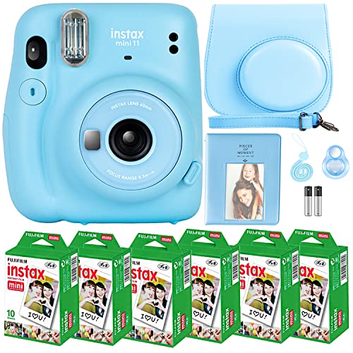 Fujifilm Instax Mini 11 Camera with Fujifilm Instant Mini Film (60 Sheets) Bundle with Deals Number One Accessories Including Carrying Case, Selfie Lens, Photo Album, Stickers (Sky Blue)