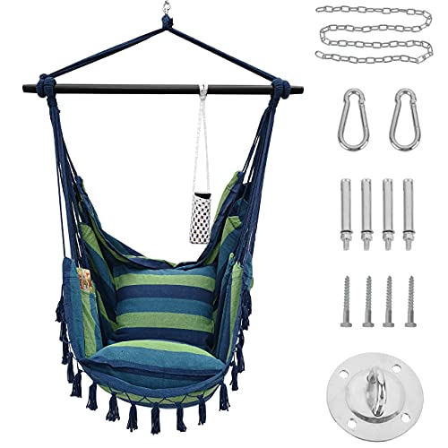 Project One Hanging Rope Hammock Chair, Hanging Rope Swing Seat with 2 Pillows, Carrying Bag, and Hardware Kit Perfect for Outdoor/Indoor Yard Deck Patio and Garden, 300 LBS Cap (Blue Green Stripe)