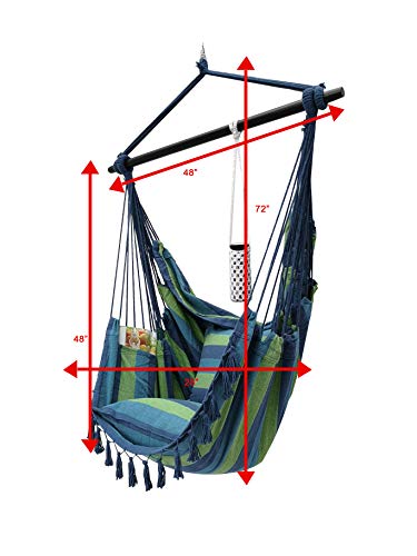 Project One Hanging Rope Hammock Chair, Hanging Rope Swing Seat with 2 Pillows, Carrying Bag, and Hardware Kit Perfect for Outdoor/Indoor Yard Deck Patio and Garden, 300 LBS Cap (Blue Green Stripe)