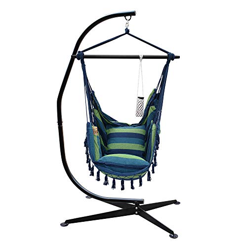 Project One Hanging Rope Hammock Chair, Hanging Rope Swing Seat with 2 Pillows, Carrying Bag, and Hardware Kit Perfect for Outdoor/Indoor Yard Deck Patio and Garden, 300 LBS Cap (Blue Green Stripe)