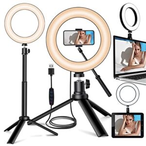 selfie ring light for zoom meeting, dimmable desktop led circle light with tripod stand, 6” lighting kit gifts for live streaming/laptop video conference/makeup/youtube/vlog/video recording