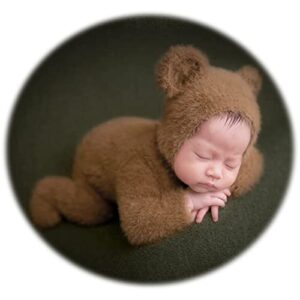 Newborn Photography Props Boy Outfits Bear Baby Girl Photo Props Outfits Hat Footed Romper Sleeved Stretch Set for Photoshoot (Brown)