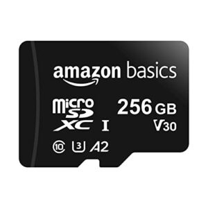 amazon basics microsdxc memory card with full size adapter, a2, u3, read speed up to 100 mb/s, 256 gb