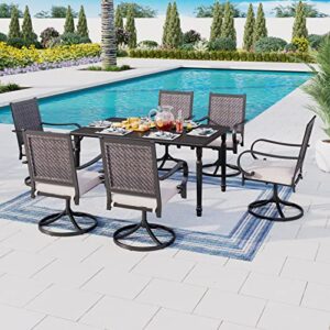HERA'S HOUSE 7 Pieces Patio Dining Set, Rattan Outdoor Furniture Set for 6, 6 x Rattan Swivel Dining Chair, 1 x Rectangular Metal Dining Table, All Weather Resistant for Lawn Garden Backyard Deck