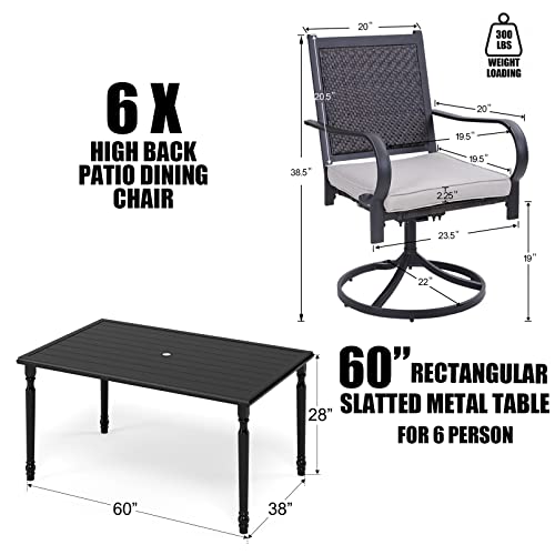 HERA'S HOUSE 7 Pieces Patio Dining Set, Rattan Outdoor Furniture Set for 6, 6 x Rattan Swivel Dining Chair, 1 x Rectangular Metal Dining Table, All Weather Resistant for Lawn Garden Backyard Deck