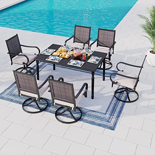 HERA'S HOUSE 7 Pieces Patio Dining Set, Rattan Outdoor Furniture Set for 6, 6 x Rattan Swivel Dining Chair, 1 x Rectangular Metal Dining Table, All Weather Resistant for Lawn Garden Backyard Deck