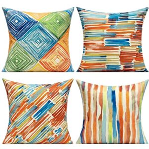 WOKANI 26x26 Set of 4 Outdoor Colorful Couch Throw Pillow Covers Patio Furniture Bench Geometric Striped Orange Blue Square Decorative Cushion Cases Abstract Modern Home Decor for Bedroom Sofa Porch