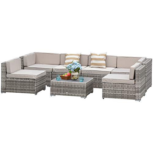 Outsunny 7-Piece Patio Furniture Sets Outdoor Wicker Conversation Sets All Weather PE Rattan Sectional Sofa Set with Cushions & Slat Plastic Wood Table, Beige