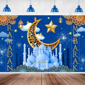large 71″ x 49″ ramadan backdrop, ramadan decorations for home, ramadan decorations for wall, blue ramadan mubarak banner for muslim ramadan mubarak party decorations tineit