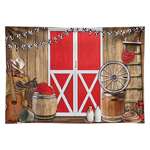 Funnytree 7x5FT Western Cowboy Scene Photography Backdrop Red Barn Door Farm BBQ Party Decoration Background Photo Booth