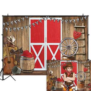 Funnytree 7x5FT Western Cowboy Scene Photography Backdrop Red Barn Door Farm BBQ Party Decoration Background Photo Booth