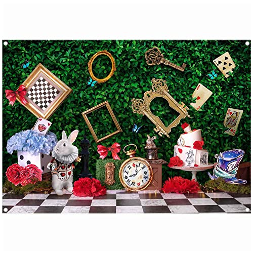 Yriujul 7x5ft Fabric Wonderland Enchanted Tea Party Photography Backdrop Kids Fairy Tale Green Grass Birthday Background Checkerboard Rabbit Photo Tapestry Props