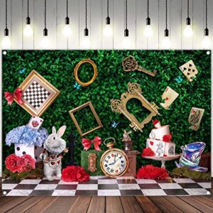 Yriujul 7x5ft Fabric Wonderland Enchanted Tea Party Photography Backdrop Kids Fairy Tale Green Grass Birthday Background Checkerboard Rabbit Photo Tapestry Props