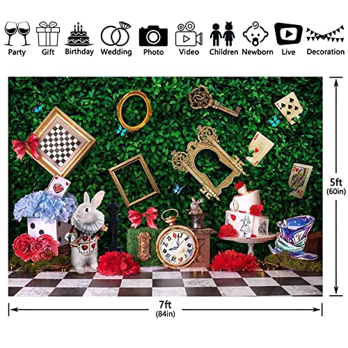 Yriujul 7x5ft Fabric Wonderland Enchanted Tea Party Photography Backdrop Kids Fairy Tale Green Grass Birthday Background Checkerboard Rabbit Photo Tapestry Props