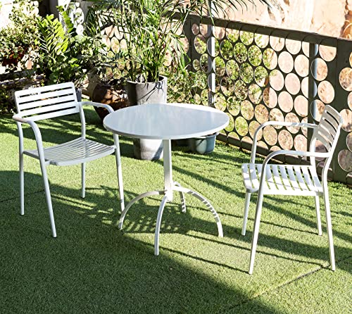 Lisuden Patio Bistro Metal Table Set with 2 Chairs, Outdoor Steel Slat Round Table for 2 Person, 27.5"(Dia) x28(H), Weather-Resistant Furniture Table Conversation Set for Backyard, Garden (White)