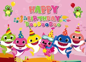 gratulon babe shark party supplies for birthday decorations, gratulon vinyl light-weight babe shark backdrop for baby shower and kids’ bedroom wall sticker décor pink 32”x50”