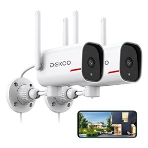 dekco outdoor 1080p pan rotating 180° wired wifi cameras for home security with two-way audio, night vision, 2.4g wifi, ip65, motion detection alarm (2 pack)