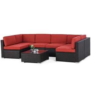 suncrown 7-piece outdoor patio furniture sofa set – all-weather wicker sectional with washable cushions and modern glass coffee table – red