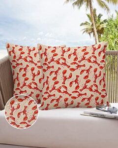 outdoor pillow covers waterproof, sea creatures crawfish throw pillowcase decorative cover, vintage red marine life filling garden cushion case set of 2 for sofa, couch, tent, patio 16″x16″