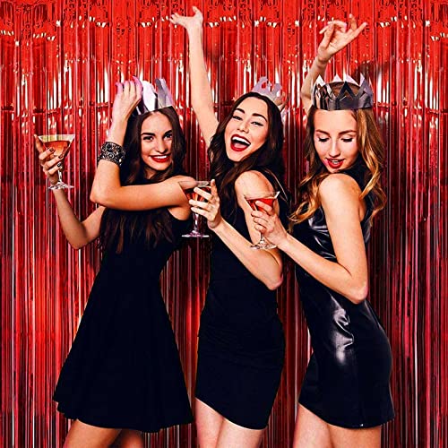 HalloweenDecorate 4 Pack Red Foil Fringe Curtain Backdrop, 3.28Ft x 8.2Ft Metallic Tinsel Foil Fringe Streamer for Party, Photo Booth Props, Birthday, 2022 Mother's Day Decoration Party Supplies