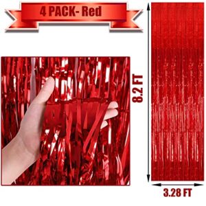 HalloweenDecorate 4 Pack Red Foil Fringe Curtain Backdrop, 3.28Ft x 8.2Ft Metallic Tinsel Foil Fringe Streamer for Party, Photo Booth Props, Birthday, 2022 Mother's Day Decoration Party Supplies