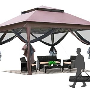 10'x10' Pop Up Gazebo Outdoor Canopy Gazebo Patio Canopy Gazebo with Mosquito Netting Double Roof Tops for Outdoor Garden Backyard and Patio,Brown